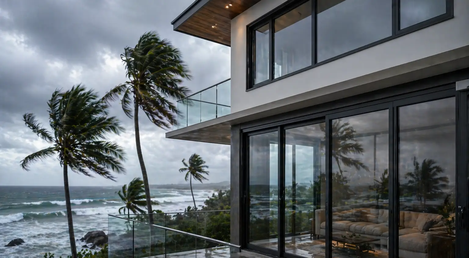 aluminium windows in coastal indian home facing sea with strong wind and rain