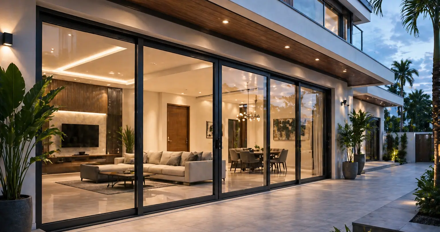 aluminium sliding windows in modern indian villa with large glass panels