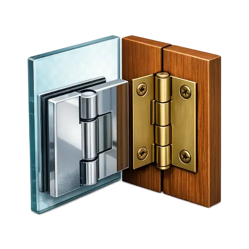 Universal heavy-duty hinge compatible with frameless glass and solid wood door installations.