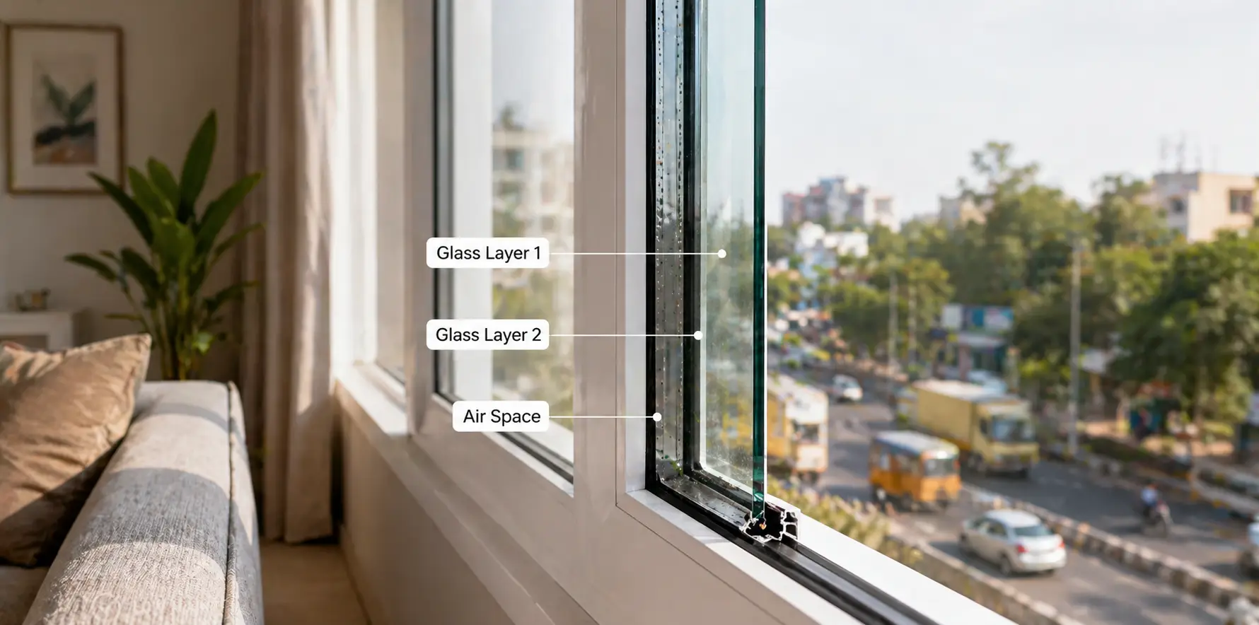 Double glazed uPVC window price in Coimbatore home showing layered glass with reduced outside noise and bright interior