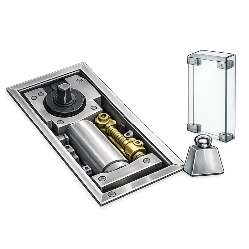 Heavy-duty floor spring mechanism capable of supporting reinforced high-weight glass panels.