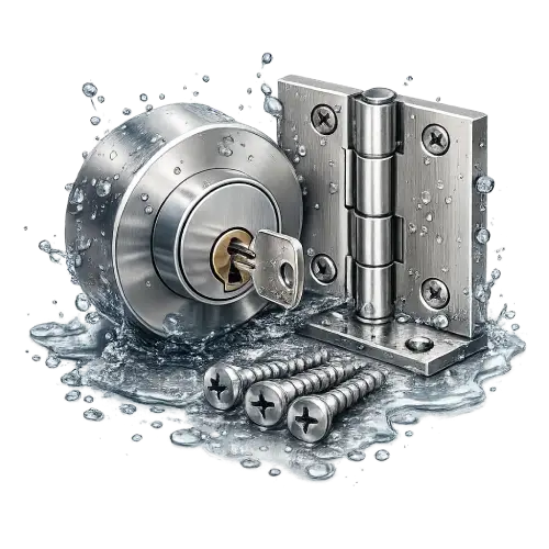 Anti-corrosive brushed stainless steel hinge for interior and exterior architectural use.