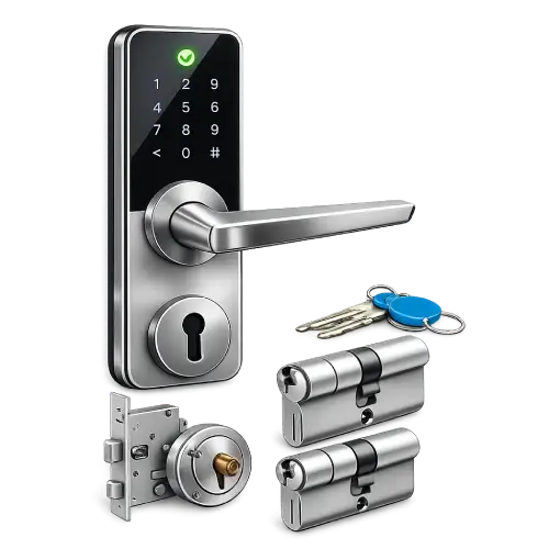 Lever handle compatible with standard mortise locks and electronic security cylinders.