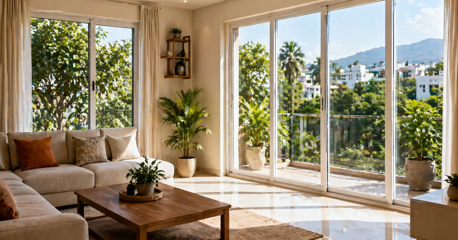 Bright modern living room in Coimbatore with large uPVC sliding windows sunlight and indoor plants in a minimal home interior