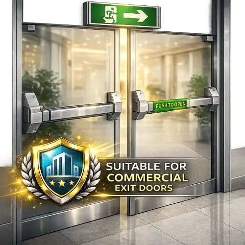 Heavy-duty exit device installed on a double-leaf commercial steel door.