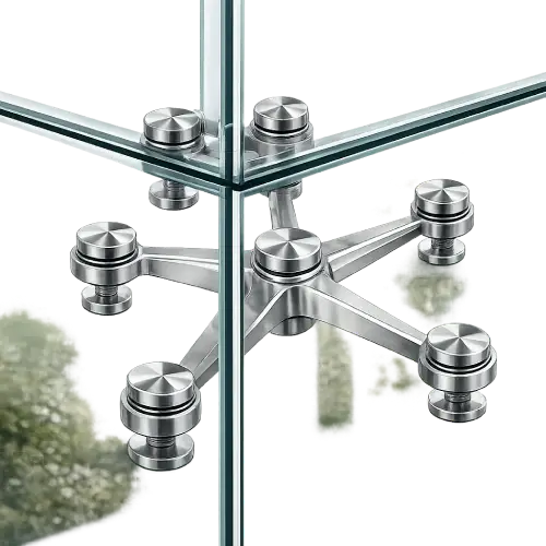 Frameless glass facade spider connector for seamless architectural glass building exteriors.