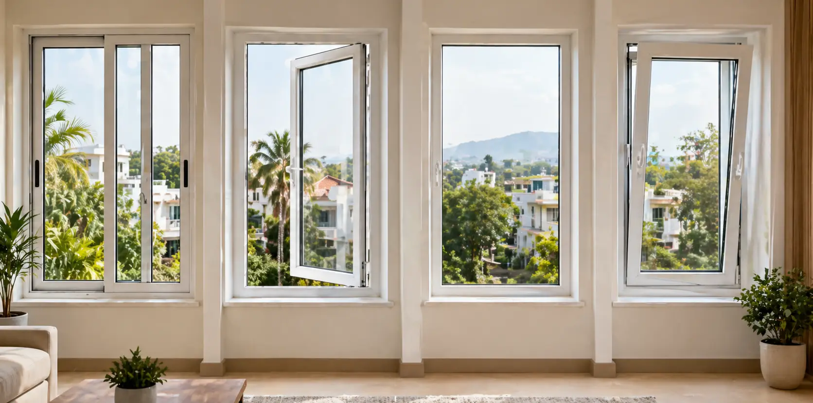 Different types of uPVC windows in Coimbatore showing sliding casement fixed and tilt and turn styles in a modern home interior - uPVC window price in coimb atore