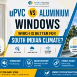 uPVC vs aluminium windows India comparison banner in blue and yellow theme showing insulation and durability differences