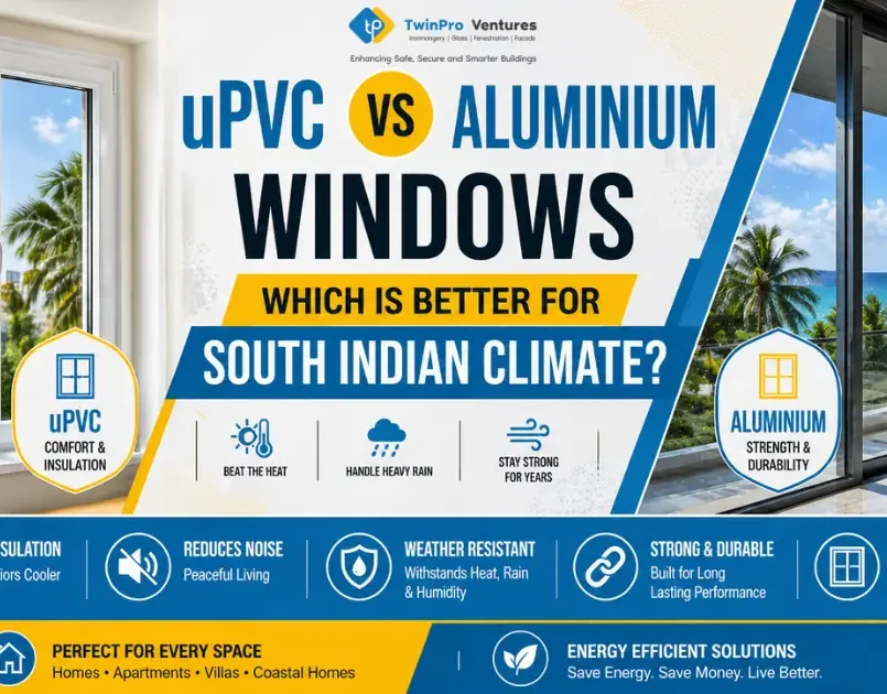 uPVC vs aluminium windows India comparison banner in blue and yellow theme showing insulation and durability differences