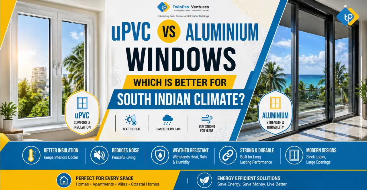 uPVC vs aluminium windows India comparison banner in blue and yellow theme showing insulation and durability differences