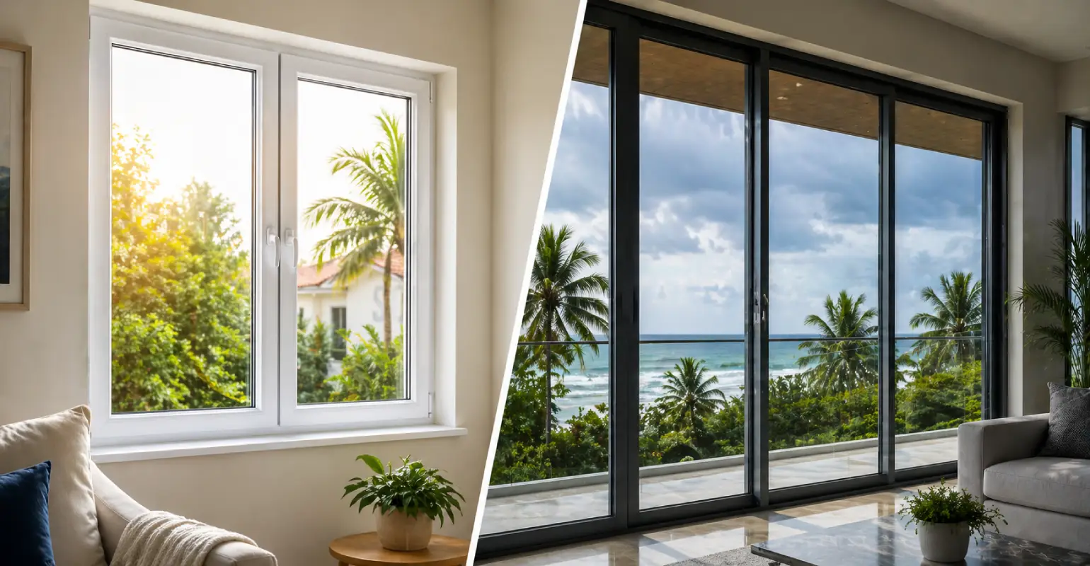 upvc vs aluminium windows india split view modern south indian home comparison