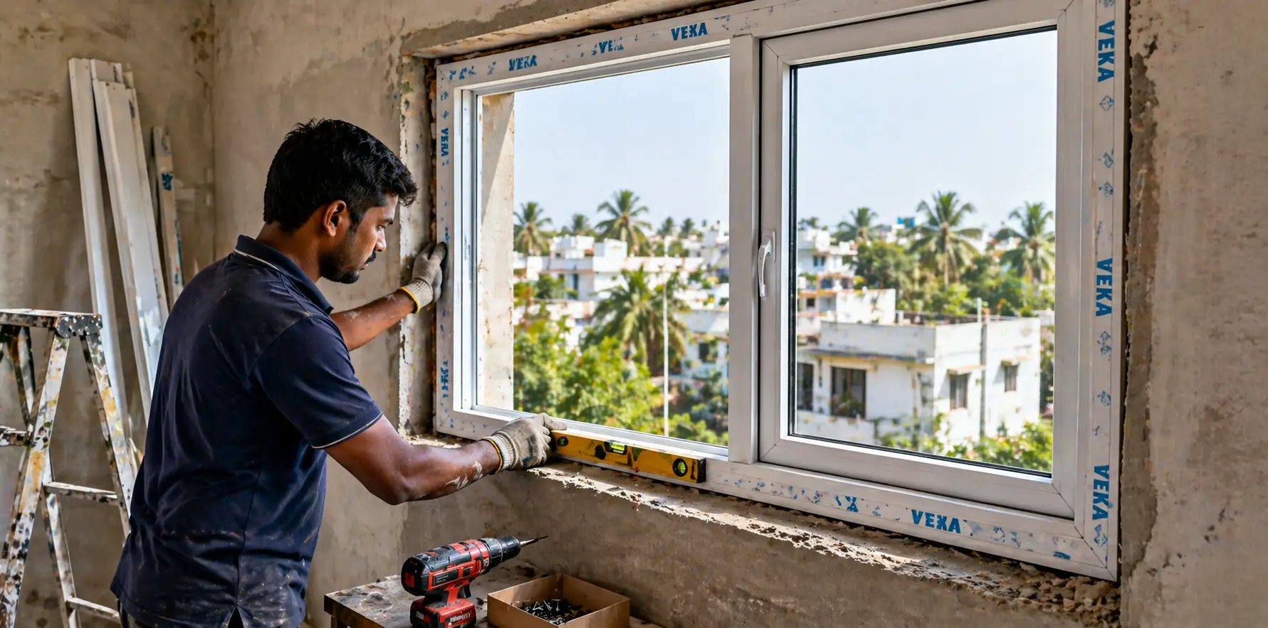 Technician installing uPVC window frame in Coimbatore home renovation with tools and natural lighting