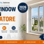 uPVC window price in Coimbatore 2026 modern home interior with sliding windows and city view