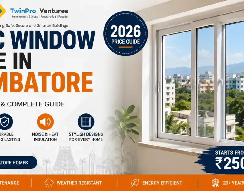 uPVC window price in Coimbatore 2026 modern home interior with sliding windows and city view