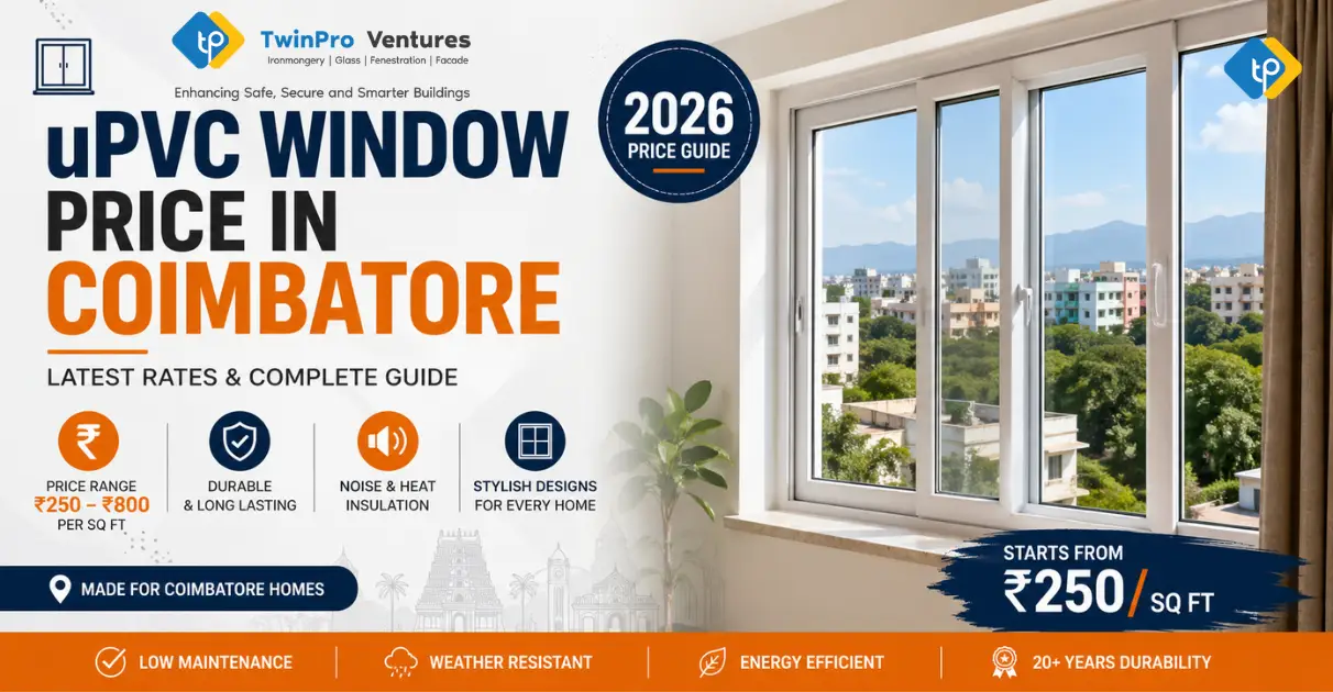 uPVC window price in Coimbatore 2026 modern home interior with sliding windows and city view