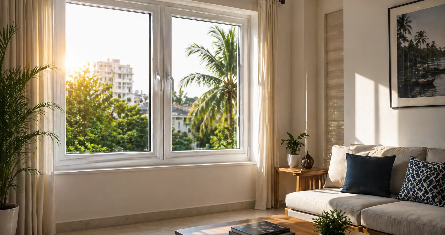 upvc windows insulation in indian living room blocking heat and sunlight