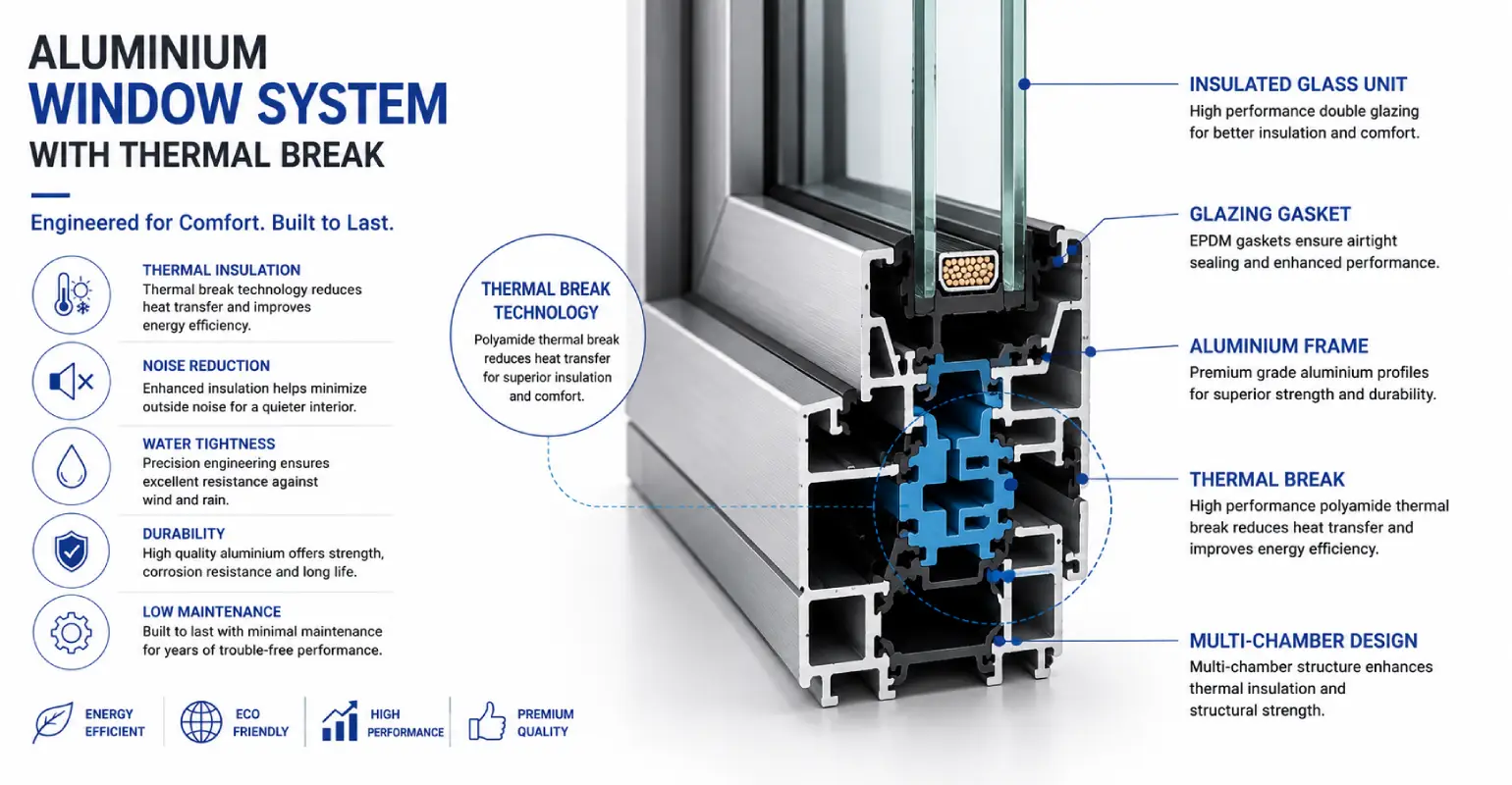 Best Aluminium System Windows and Doors thermal break technology illustrated in a detailed aluminium frame cross-section diagram.