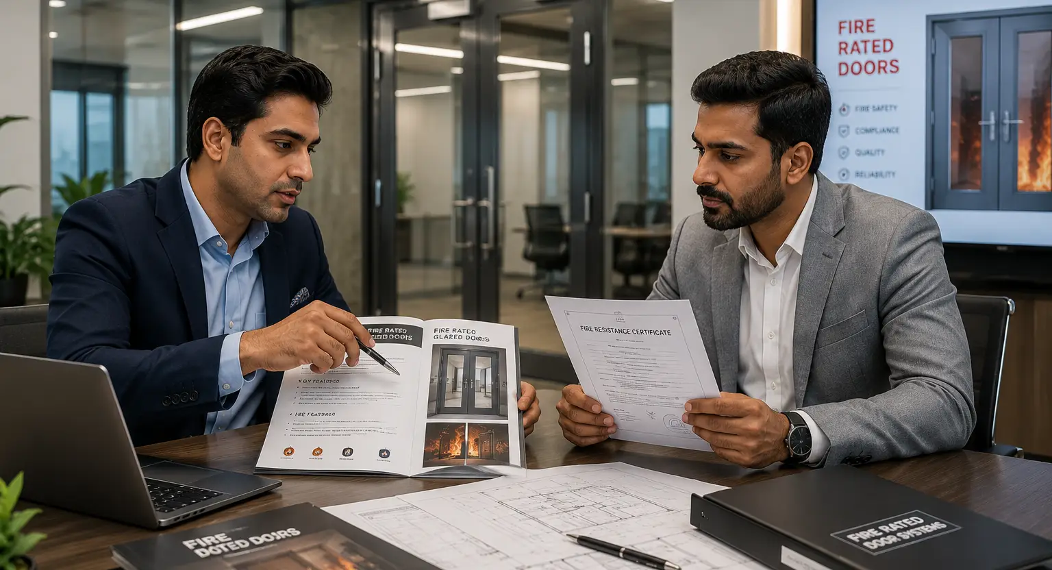 Building manager reviewing Fire Rated Glazed Doors India specifications and certification documents with consultant
