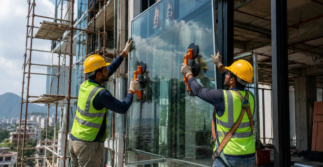 Glass Facade Contractors in Coimbatore. Installing large commercial glass facade panels with professional safety equipment and precision techniques.