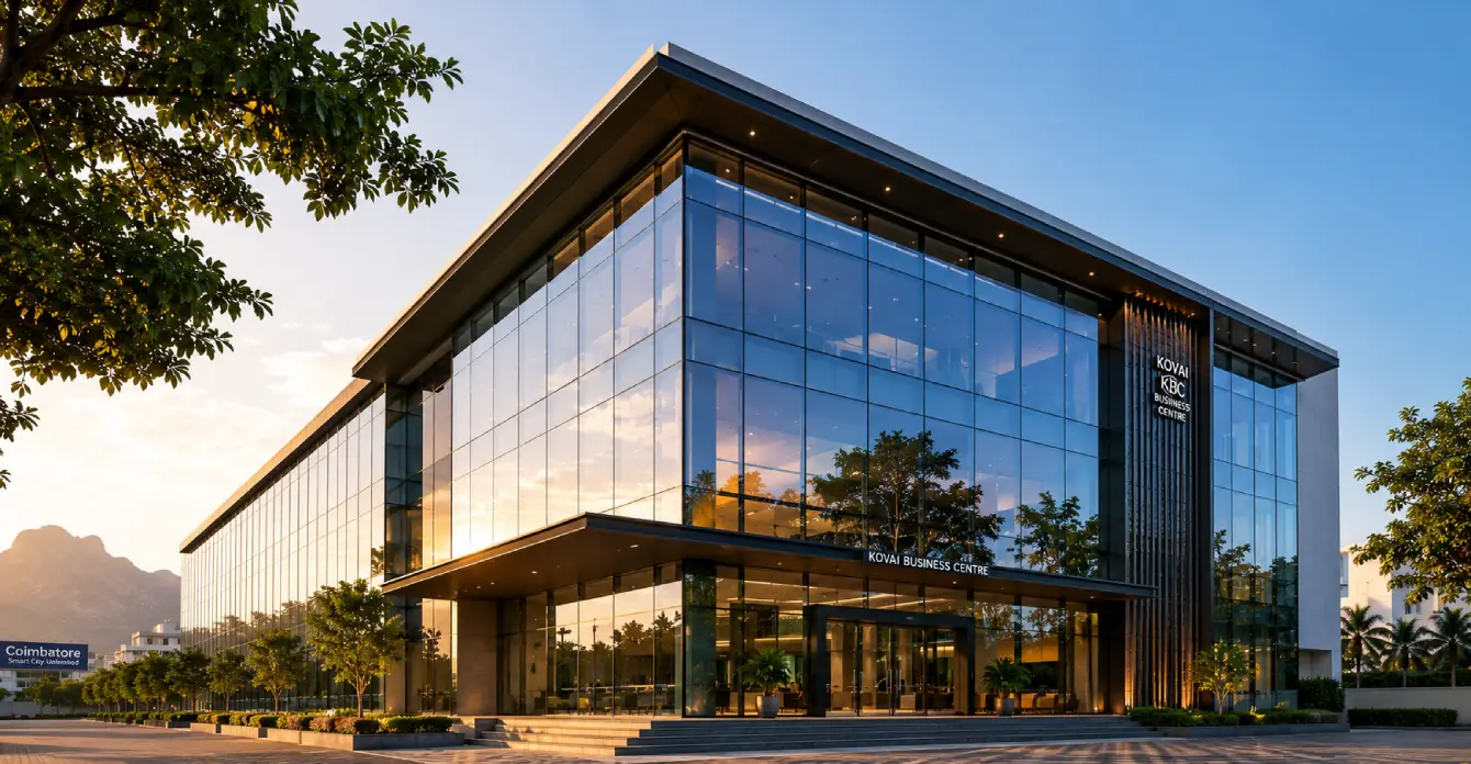 Glass Facade Contractors in Coimbatore showcasing a modern commercial building with floor-to-ceiling glass panels and contemporary architecture.