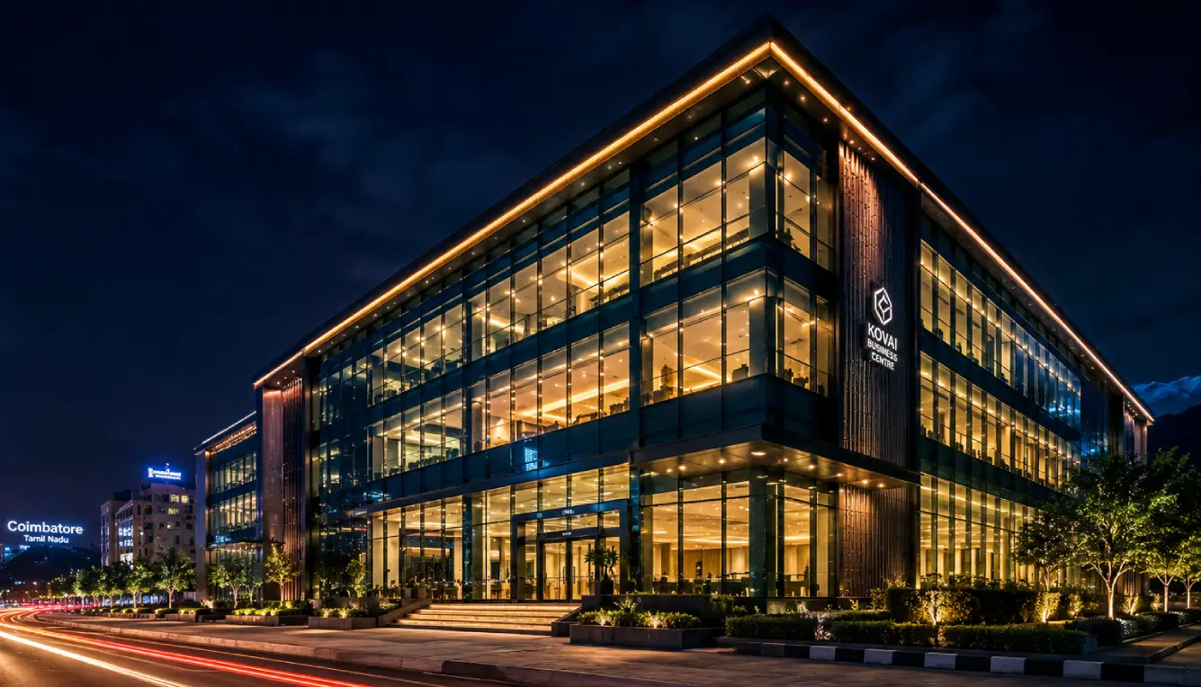 glass facade contractors in Coimbatore delivering stunning illuminated glass facade buildings with energy-efficient architectural lighting.