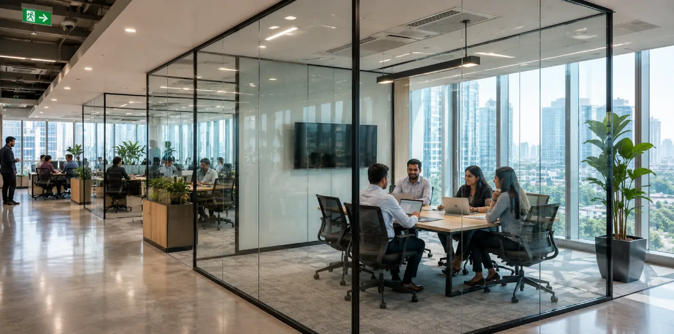 Toughened Glass vs Laminated Glass comparison showing modern commercial office interior with toughened glass partition walls, collaborative workspaces, and natural daylight.