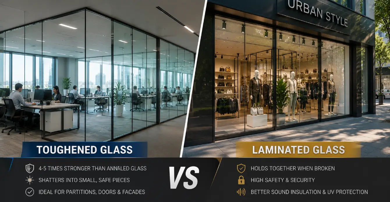 Toughened Glass vs Laminated Glass comparison featuring office glass partitions on one side and secure retail storefront glazing on the other.