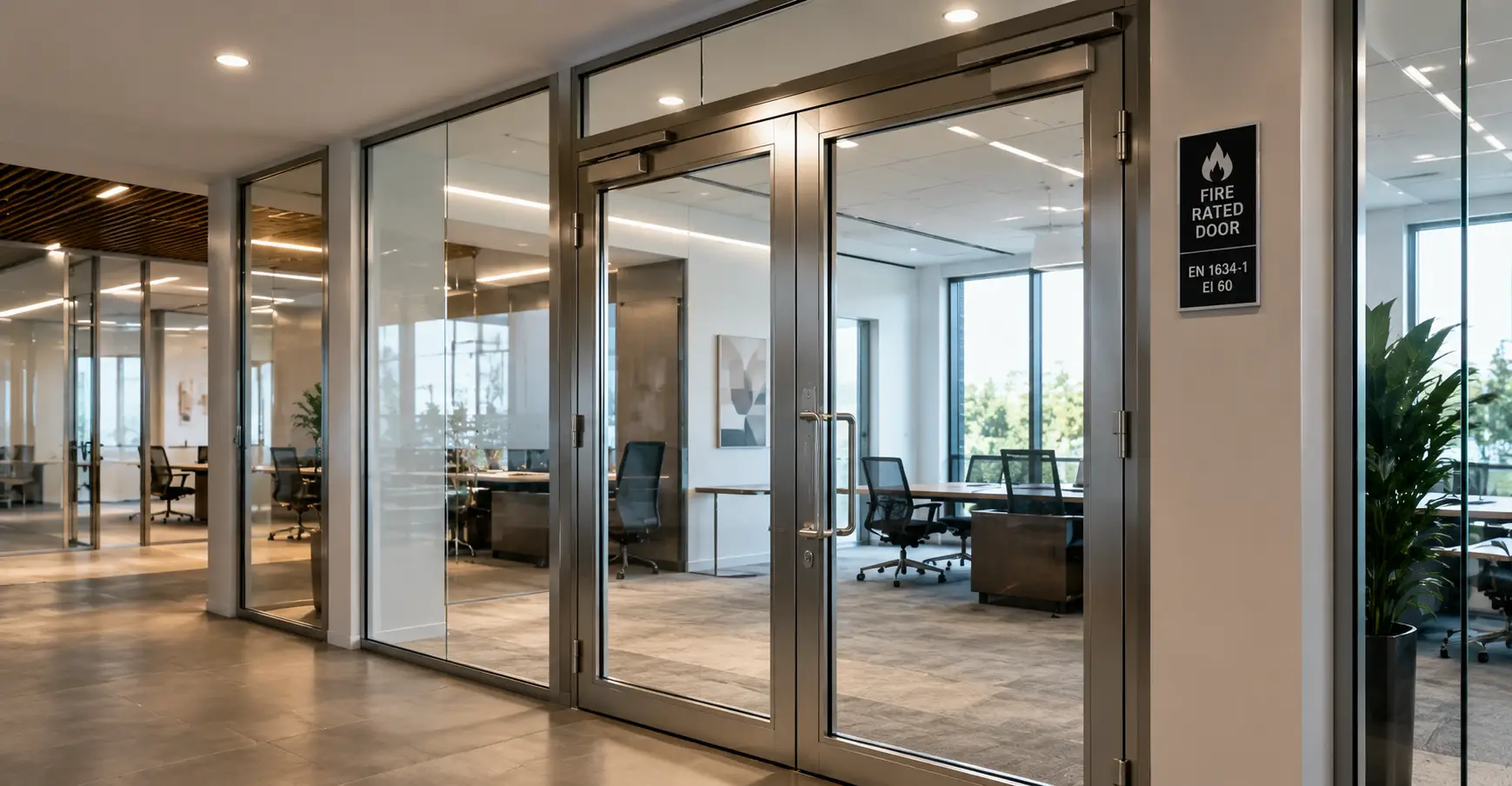 Professional office hallway featuring Fire Rated Glazed Doors India with transparent glass partitions and modern architecture