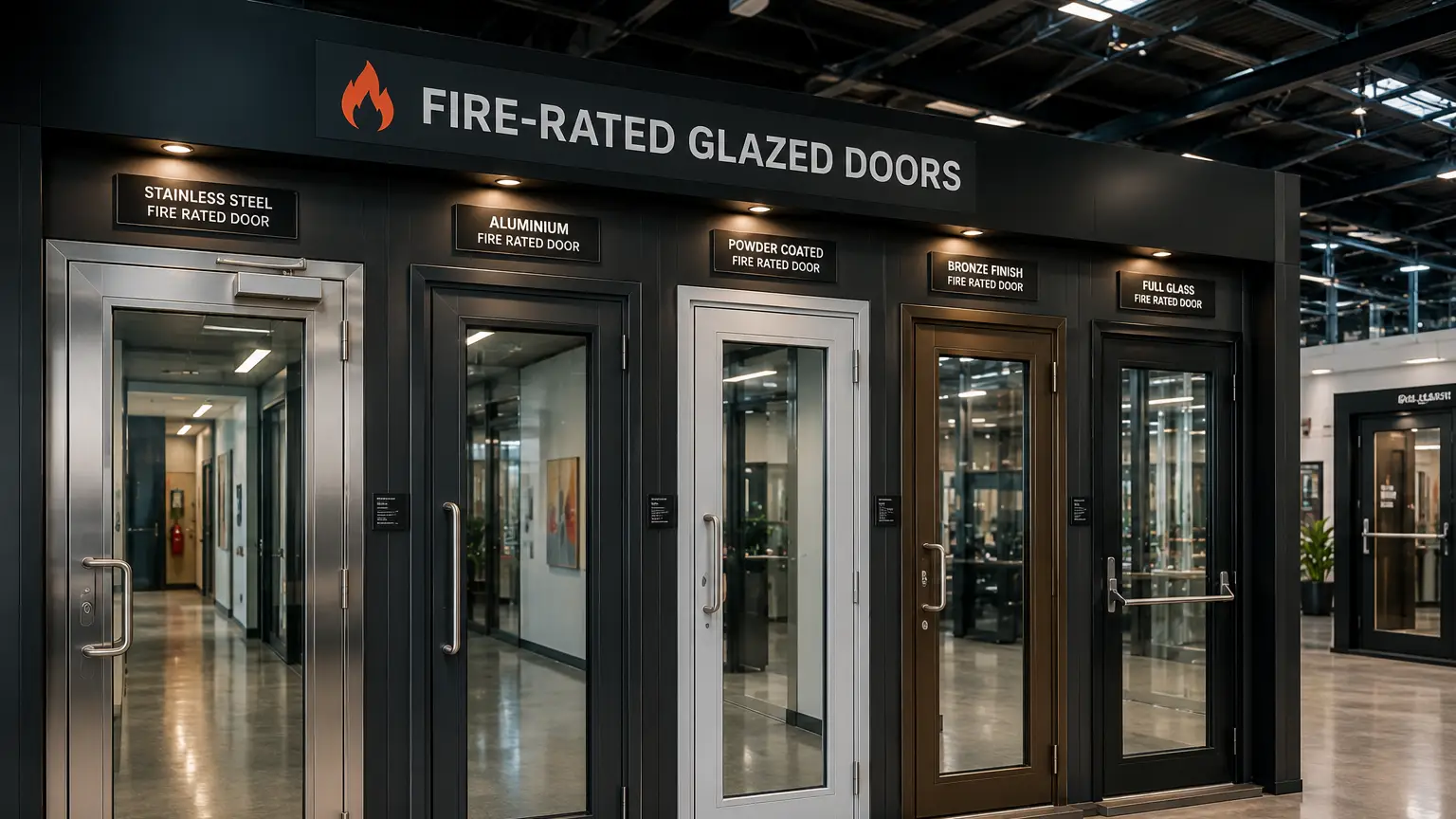 Showroom display of Fire Rated Glazed Doors India with stainless steel and aluminium frame finish options