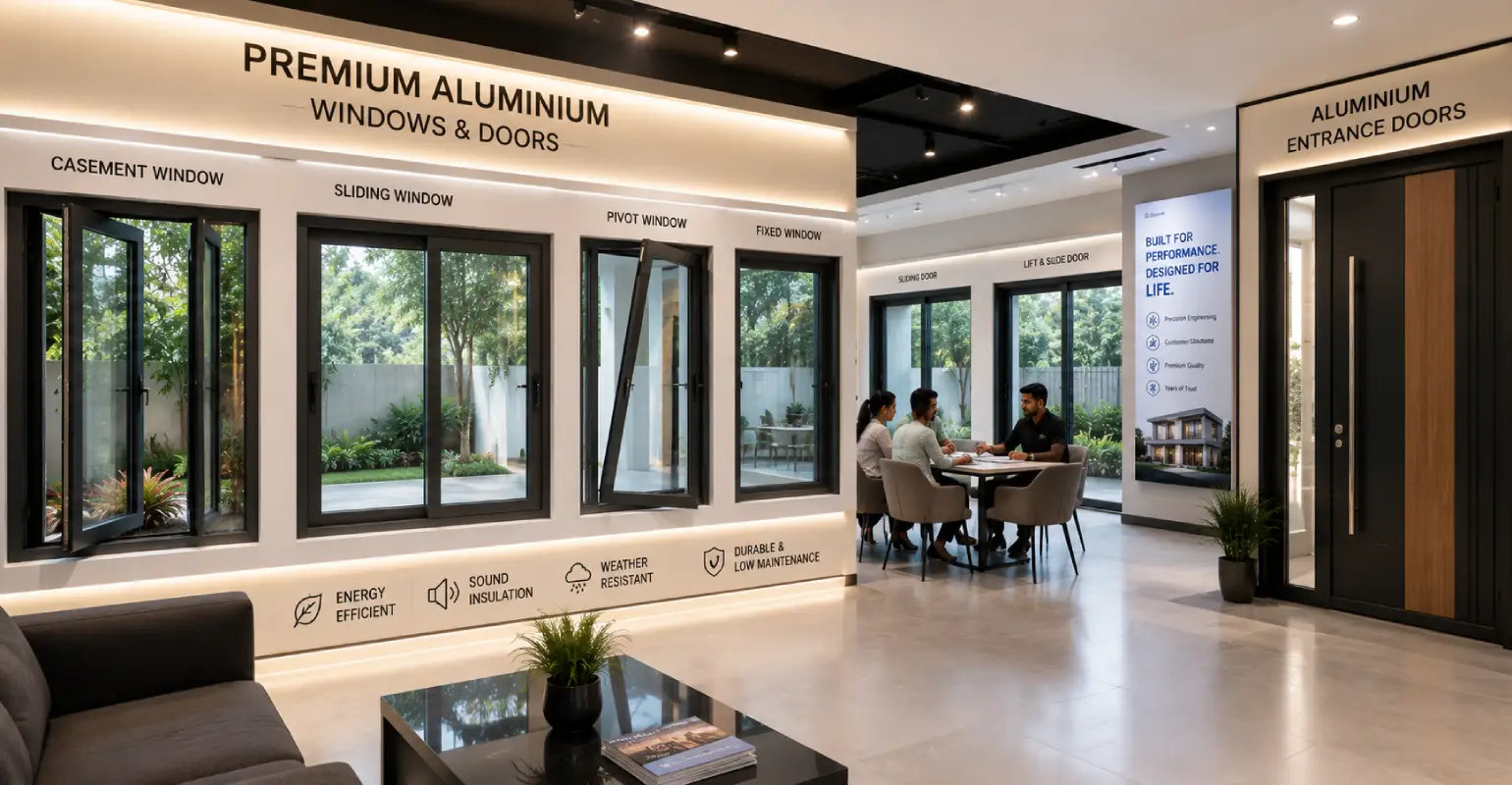Best Aluminium System Windows and Doors displayed in a modern showroom featuring casement, sliding, pivot, and fixed window systems.