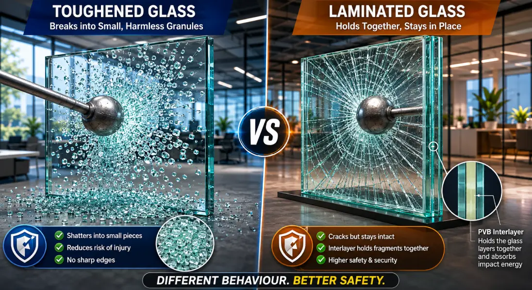 Toughened Glass vs Laminated Glass safety comparison showing toughened glass shattering into small fragments and laminated glass remaining intact after impact.