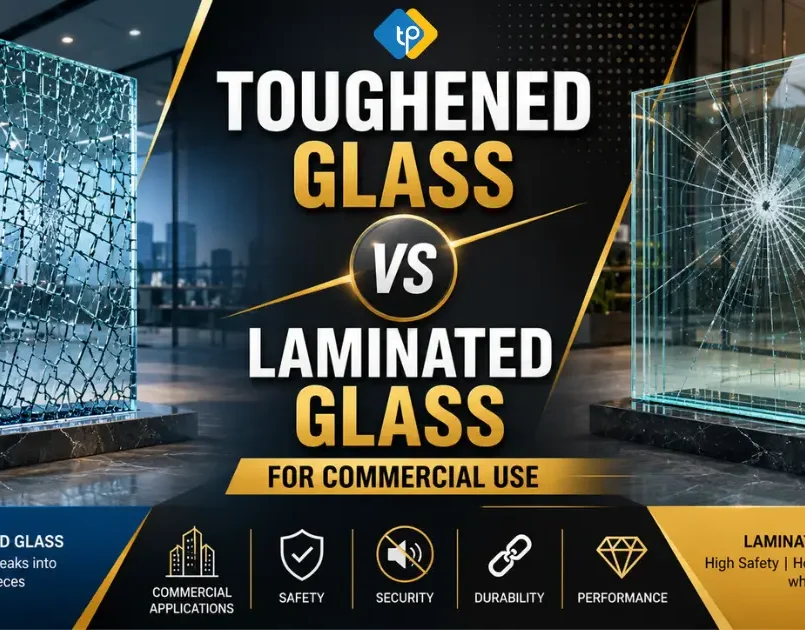 Toughened Glass vs Laminated Glass for commercial use comparison highlighting safety, durability, security, and performance in modern commercial buildings.