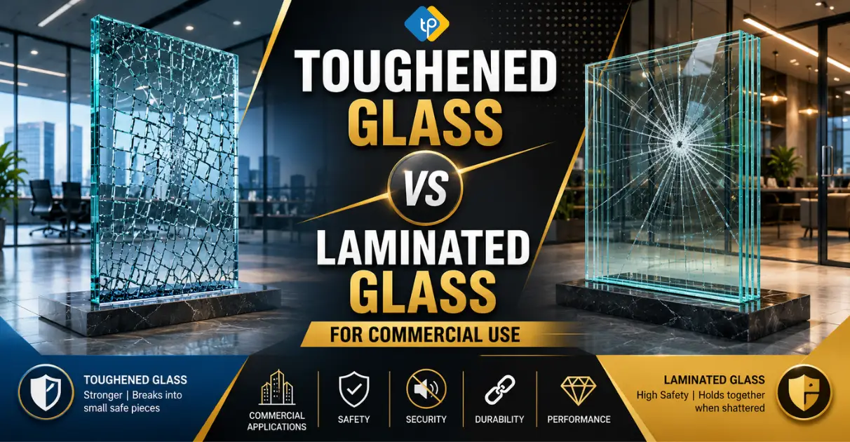 Toughened Glass vs Laminated Glass for commercial use comparison highlighting safety, durability, security, and performance in modern commercial buildings.