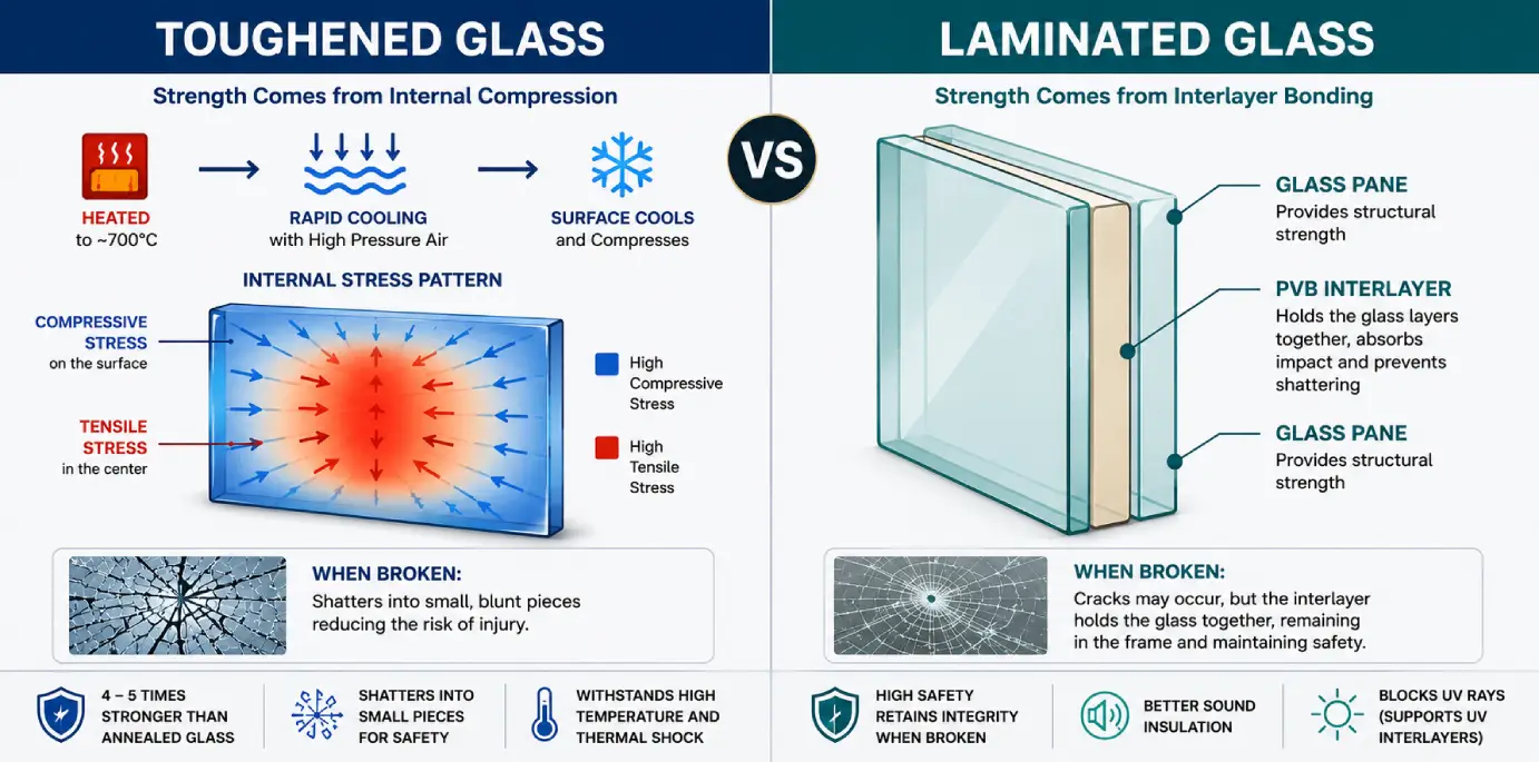 Toughened Glass vs Laminated Glass technical diagram illustrating internal stress patterns, manufacturing process, and laminated interlayer construction.