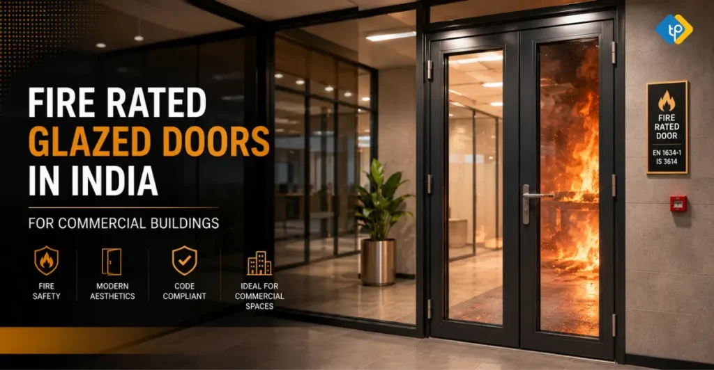 Fire Rated Glazed Doors India in modern commercial office building interior with sleek steel frames and safety glass