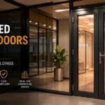 Fire Rated Glazed Doors India in modern commercial office building interior with sleek steel frames and safety glass
