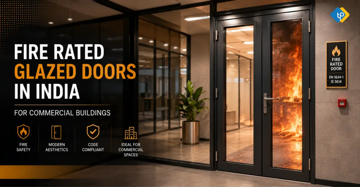 Fire Rated Glazed Doors India in modern commercial office building interior with sleek steel frames and safety glass