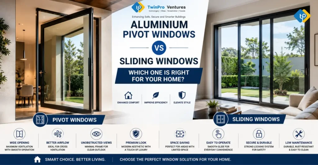 Aluminium Pivot Windows vs Sliding Windows comparison showing design, ventilation, security, maintenance, and space-saving benefits for modern homes.