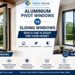 Aluminium Pivot Windows vs Sliding Windows comparison showing design, ventilation, security, maintenance, and space-saving benefits for modern homes.