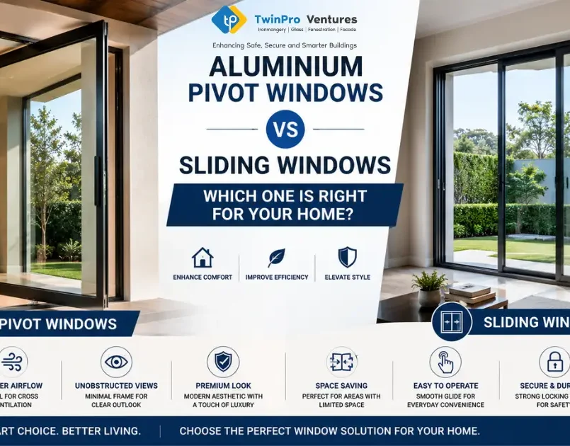 Aluminium Pivot Windows vs Sliding Windows comparison showing design, ventilation, security, maintenance, and space-saving benefits for modern homes.