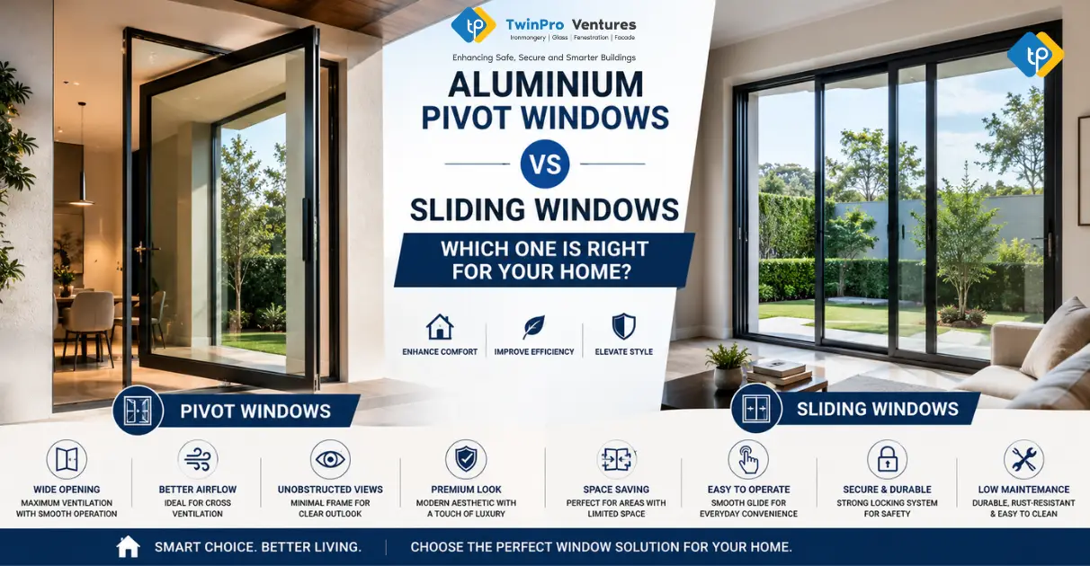 Aluminium Pivot Windows vs Sliding Windows comparison showing design, ventilation, security, maintenance, and space-saving benefits for modern homes.