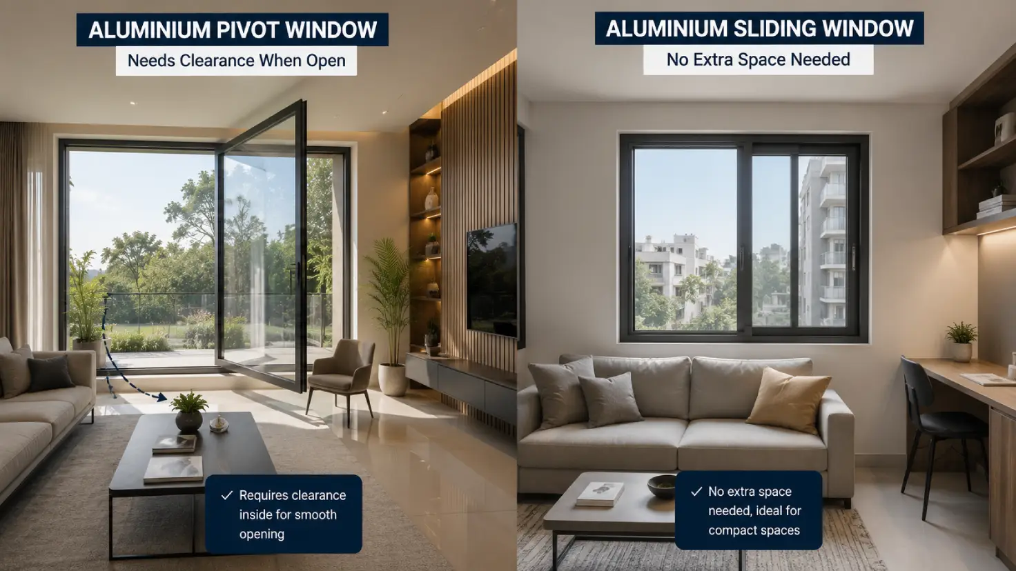 Space requirements for aluminium pivot windows vs sliding windows