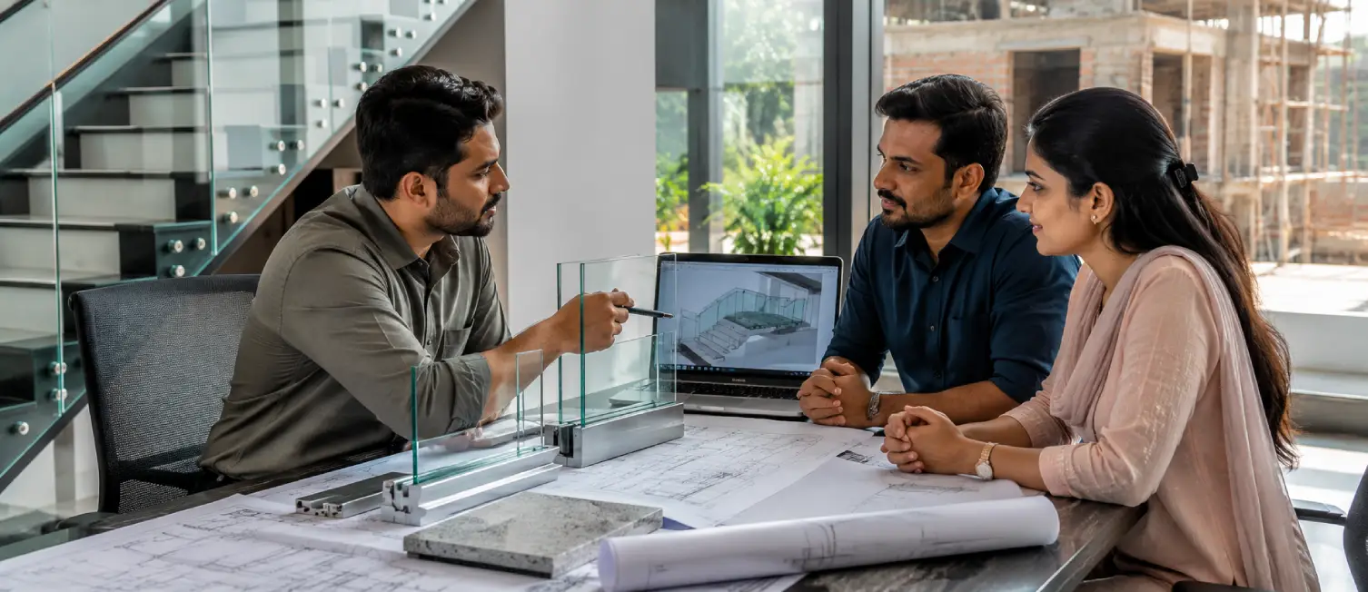 Architectural consultant helping homeowners avoid glass railing design mistakes by planning a safe and durable custom glass railing system.