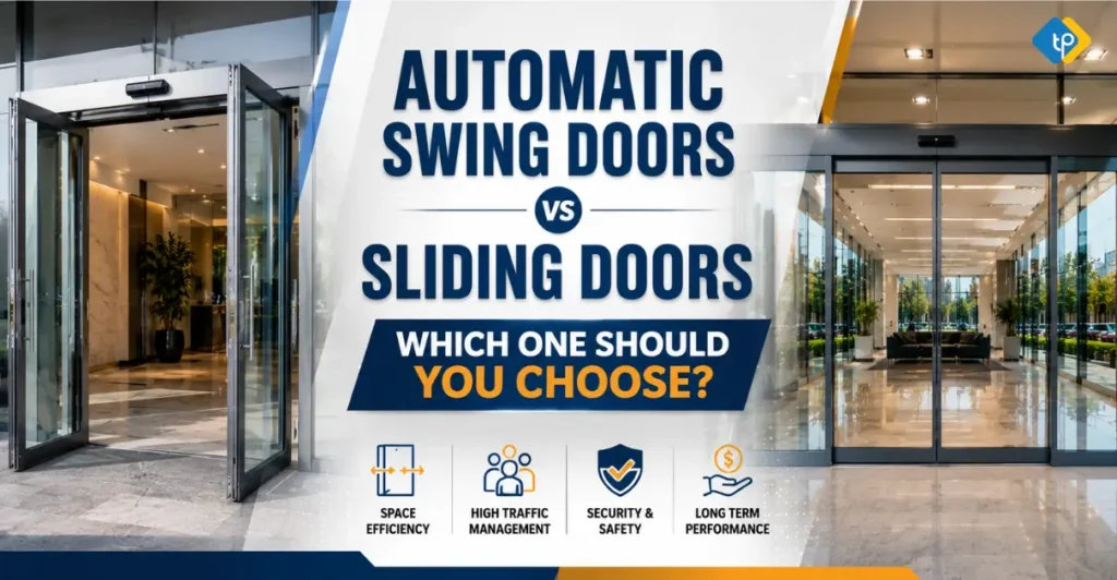 Automatic Swing Doors vs Sliding Doors blog banner featuring modern commercial glass entrances, highlighting the key differences between swing and sliding door systems.