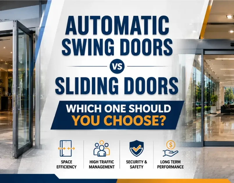 Automatic Swing Doors vs Sliding Doors blog banner featuring modern commercial glass entrances, highlighting the key differences between swing and sliding door systems.