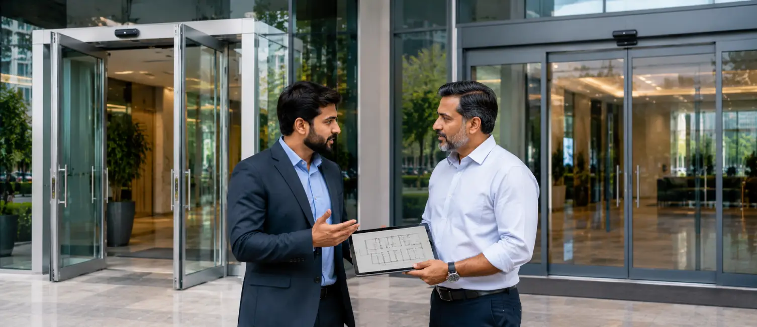 Commercial building consultant explaining automatic entrance solutions with Sliding Doors and swing doors for a modern office building project.