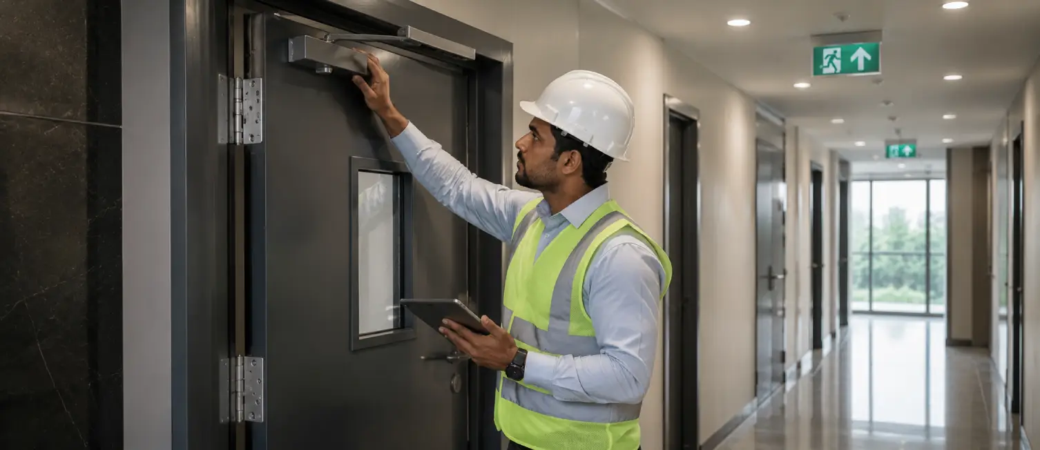 Fire Door Installation maintenance inspection by an Indian fire safety expert checking self-closing mechanism, hinges and certified fire-rated door components.