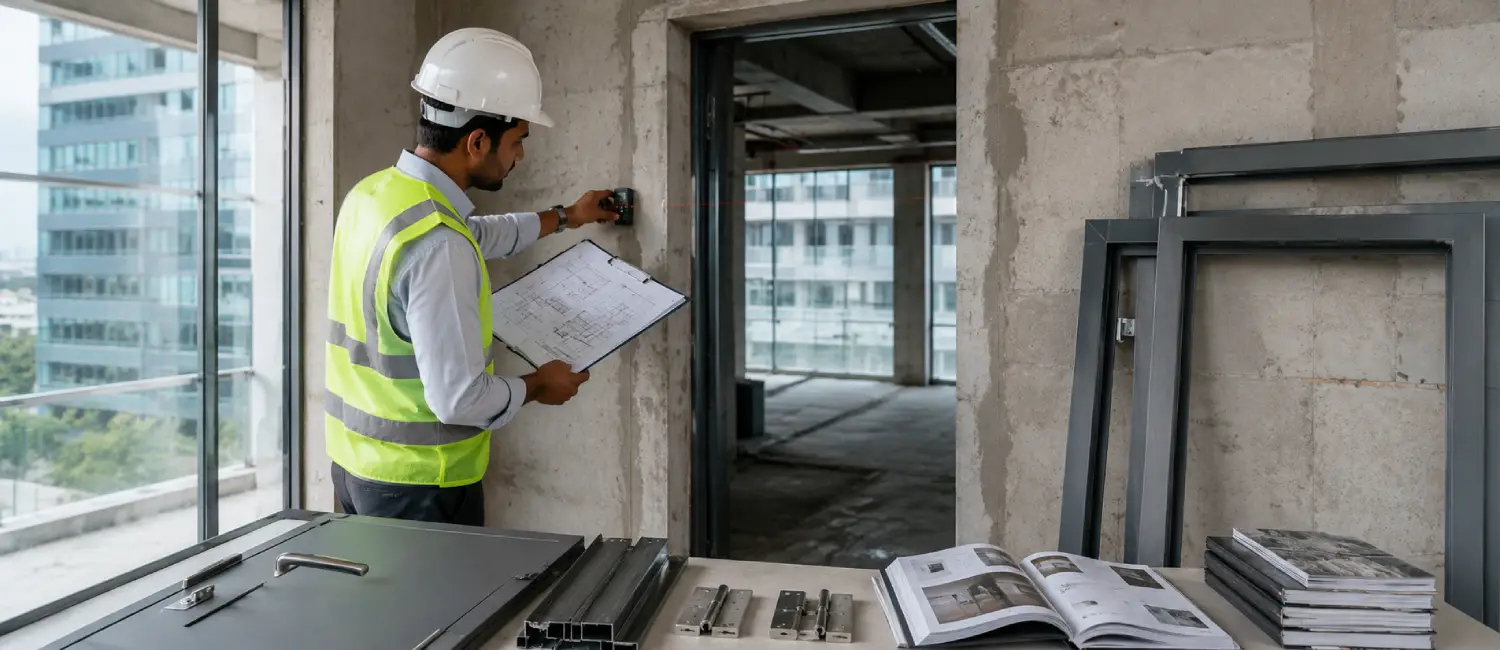 Fire Door Installation inspection by an Indian fire safety engineer measuring a commercial doorway before installing a certified fire-rated steel door.