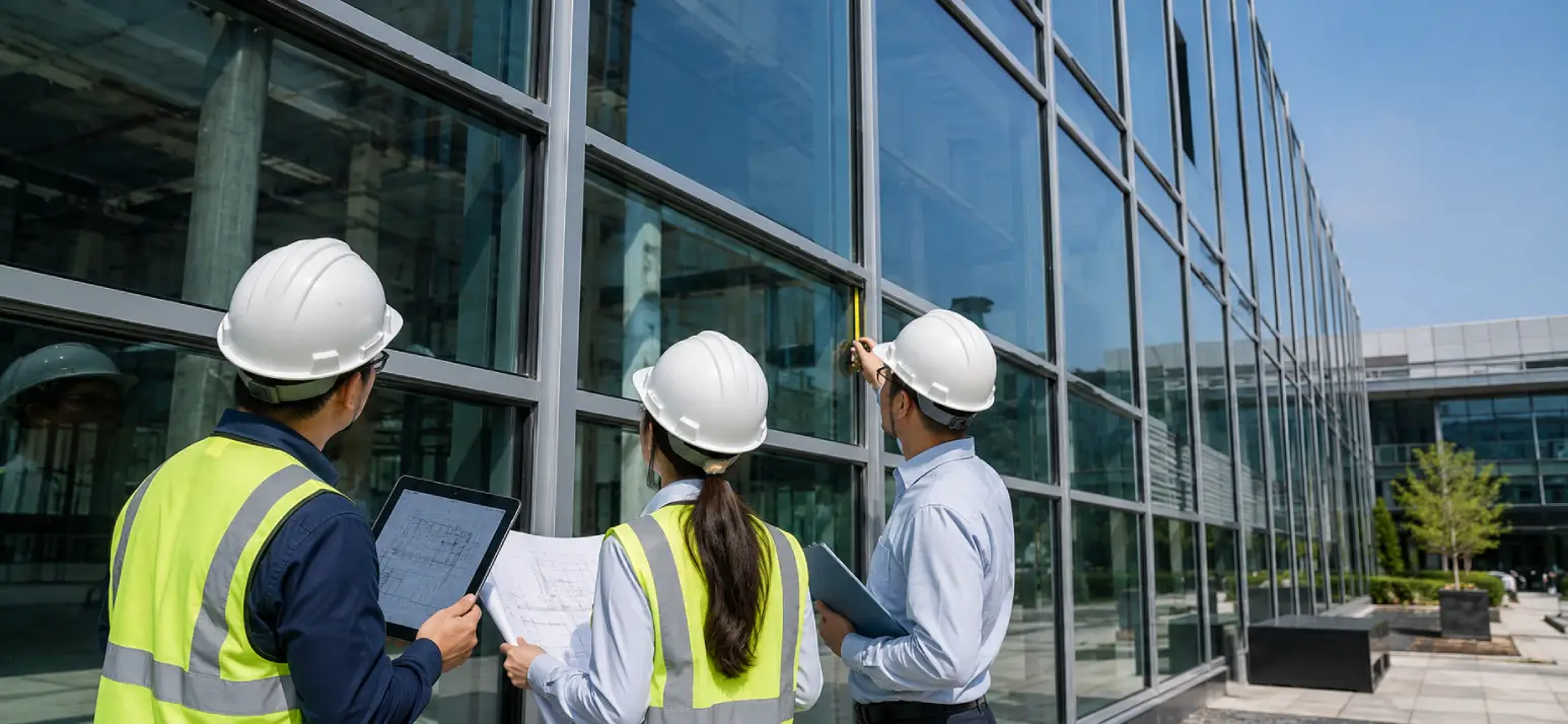 Architects and structural engineers inspecting a commercial glass façade during quality assessment, demonstrating engineering considerations in structural glazing vs curtain wall installations.