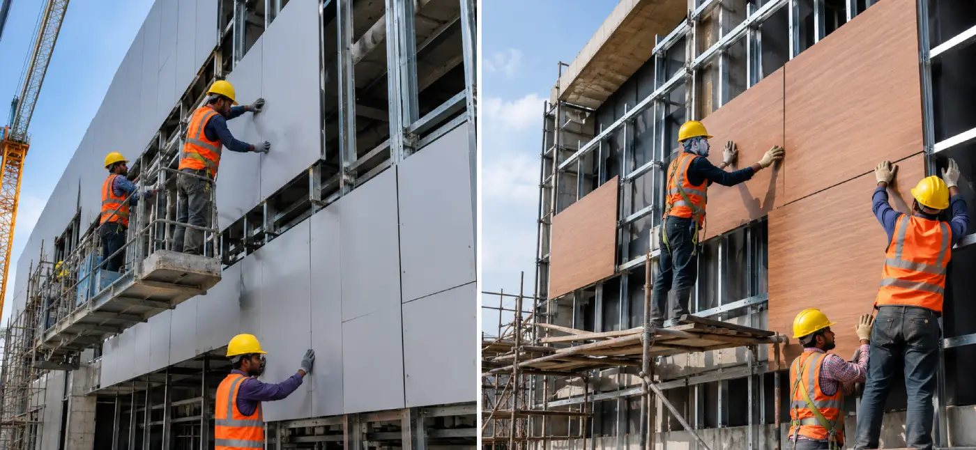 Workers installing aluminium composite panels and high-pressure laminate facade systems for ACP Cladding vs HPL Cladding comparison